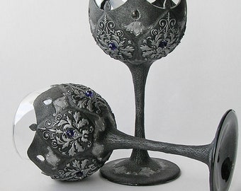 Silver medieval wine goblets with custom colors crystals Royal wine medieval goblets for an alternative wedding, cosplay, LARP