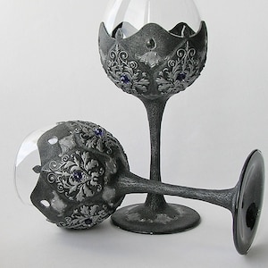 Silver medieval wine goblets with custom colors crystals Royal wine medieval goblets for an alternative wedding, cosplay, LARP
