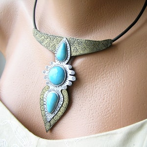 Tribal statement necklace Medieval necklace Rustic ethnic boho necklace Shamanic necklace Ethnic necklace Big necklace blue silver bronze