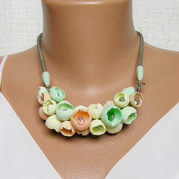 Jewelry set pastel flowers buds necklaces light green bracelets light green earrings light green peach yellow polymer clay Viking knit chain