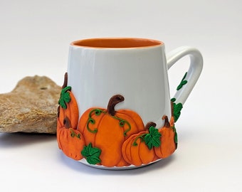 Grote koffiemok oranje pompoen, koffiemok voor Halloween, cadeau voor Thanksgiving, cadeau voor oma, rustiek theekopje, herfstkoffiemokken