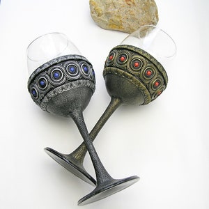 Silver medieval wine goblets with custom colors crystals Royal wine medieval goblets for an alternative wedding, cosplay, LARP