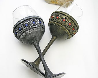 Silver medieval wine goblets with custom colors crystals Royal wine medieval goblets for an alternative wedding, cosplay, LARP