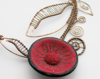 Wire wrapped necklace fantastic flower red and black on a leather cord of red and black colors