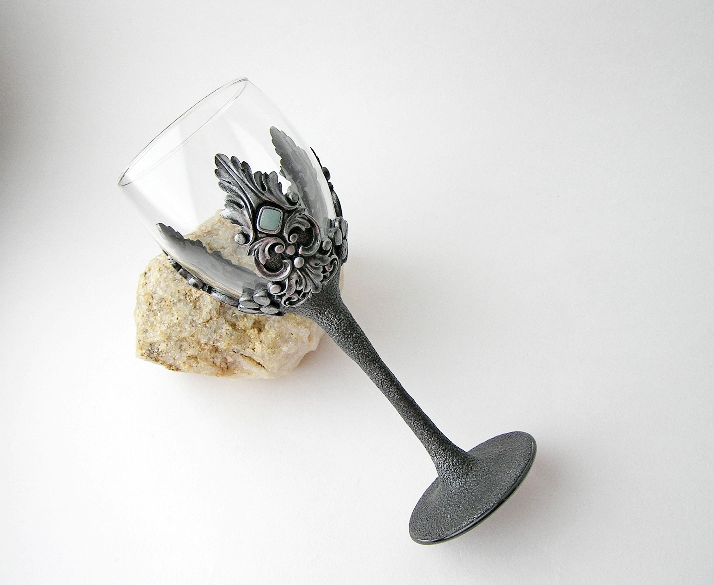 Antique Style Medieval Silver Goblets Decorated With Glass Stones