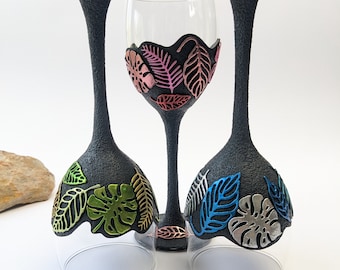 Leaves wine glasses Tropical themed wine glasses Autumn set of 2