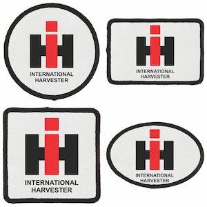 May include: Four different patches with the International Harvester logo. The logo is a red and black stylized "IH" with the words "International Harvester" below. The patches are in different shapes and sizes, including a circle, a rectangle, a square, and an oval.