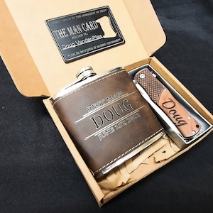 Groomsman Gift Set - Flask, Knife, and Man Card Bundle