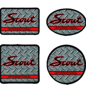May include: Four different patches with the words "Scout International" in red and black lettering on a gray diamond plate background. The patches are in the shapes of a square, oval, square, and circle.