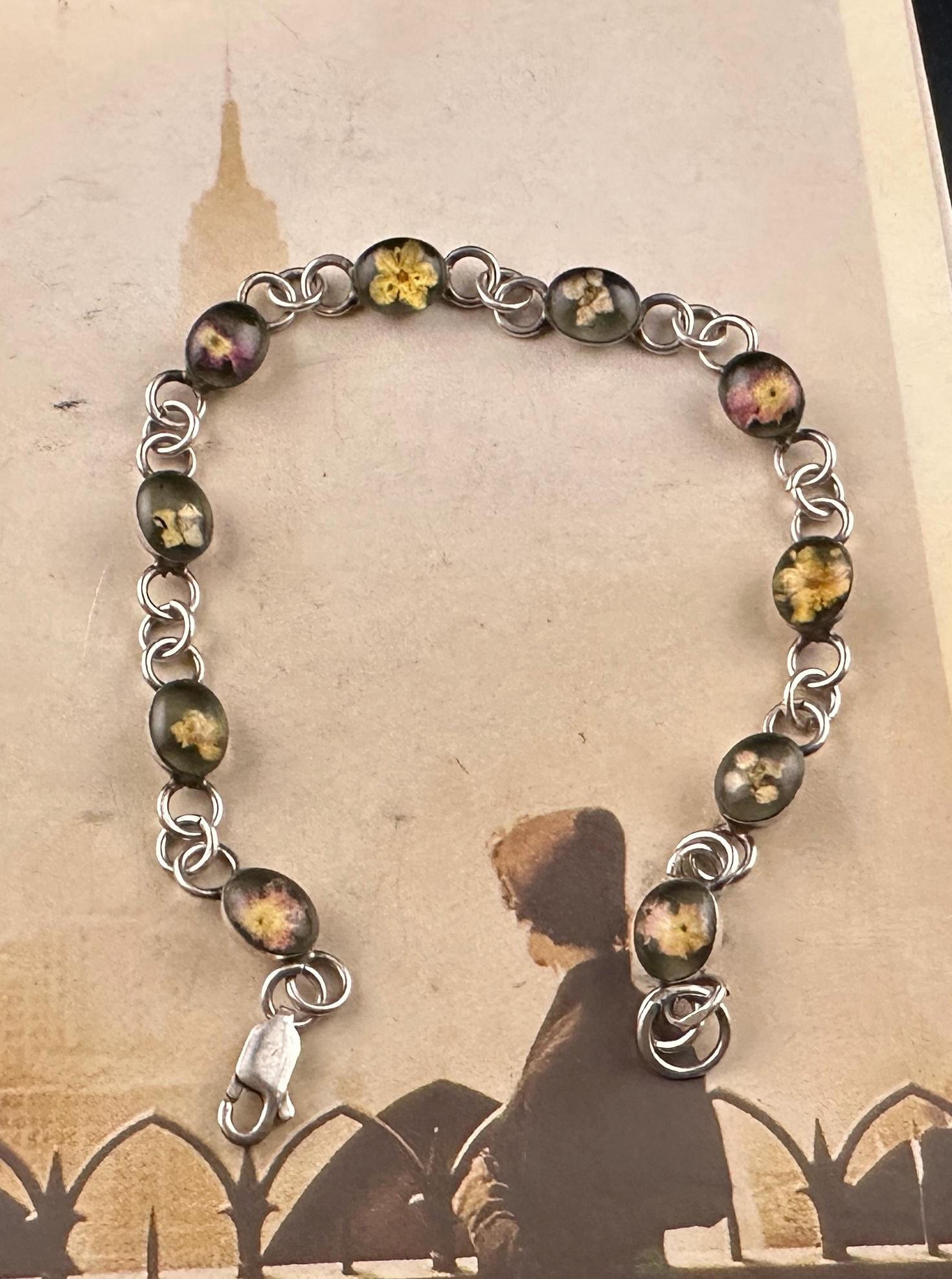 古い 925silver ブレスレット ドライフラワー アクセサリー Sterling Silver Bracelet With Dried Flowers in Resin - 8