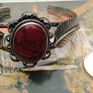 Vintage Sterling Silver and Red Jasper Cuff -- 6&quot;