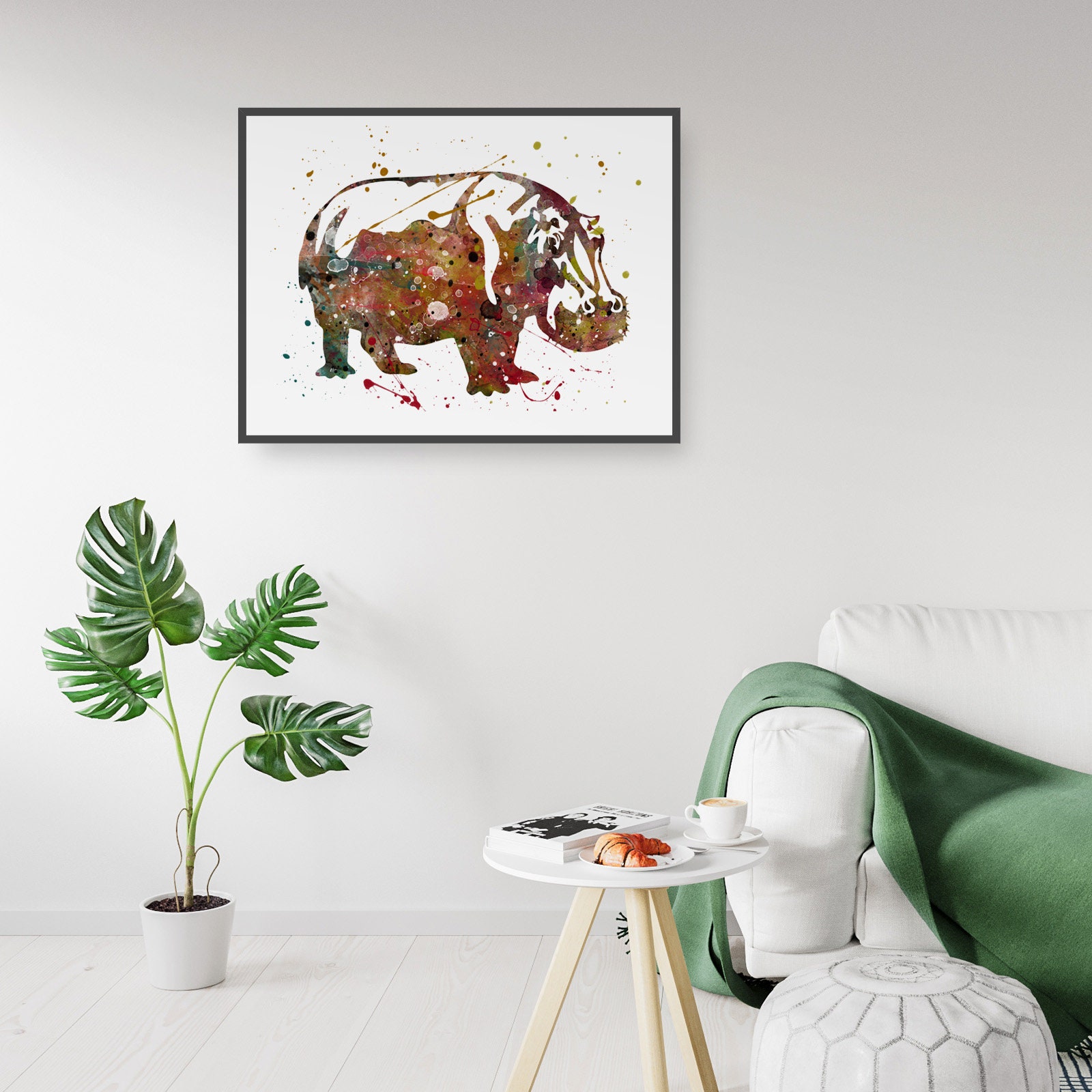 Watercolour Hippo Painting Home Decor Minimal Hippopotamus | Etsy