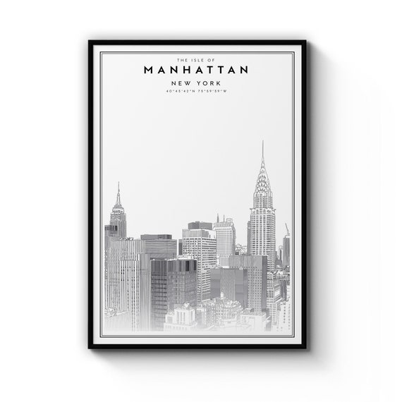 Minimale New York Manhattan Umriss Schwarz Und Weiss Geschenk Etsy