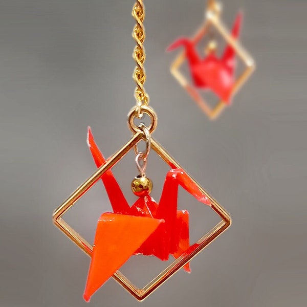 Origami Crane Earrings | Solid Color | Geometric Dangle Earrings | Gold or Silver Accent | Any Color Bird | Clip On Available