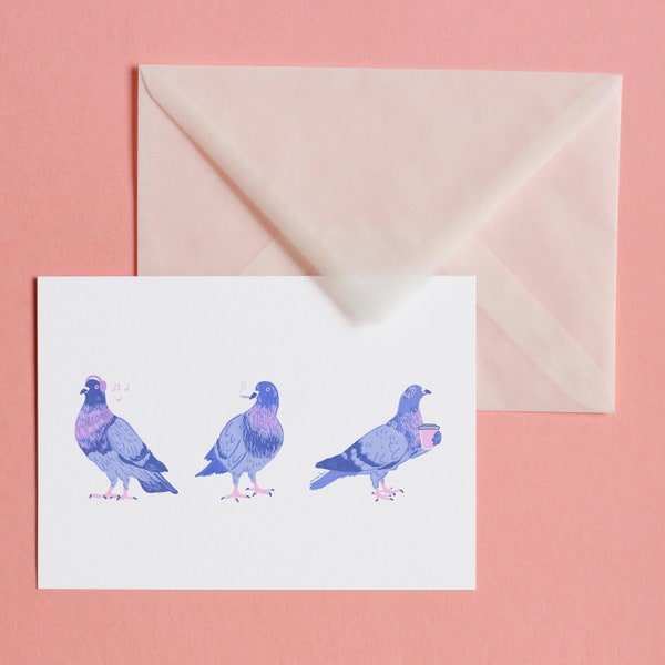 Berlin City Pigeons – Postkarte mit Briefumschlag, Kunstdruck, Illustration, Art