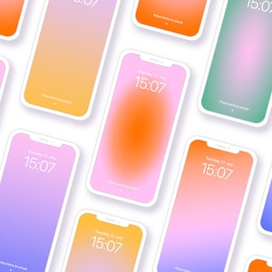 May include: Multiple smartphone mockups with different colored gradient backgrounds and the time displayed as "15:07" on each screen.