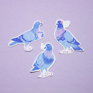 Op de afbeelding: Drie blauwe en paarse duiven met verschillende uitdrukkingen. Eén duif houdt een roze beker vast, één draagt ​​een koptelefoon met muzieknoten en één houdt een sigaret vast.