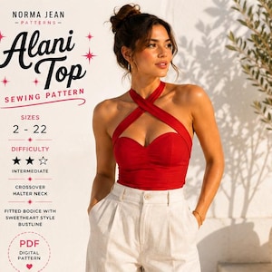 Puede incluir: Un patrón de costura digital para el top Alani de Norma Jean Patterns, que presenta un corpiño rojo ajustado con escote corazón y tirantes cruzados al cuello. El patrón PDF incluye las tallas 2-22 y un nivel de dificultad intermedio.