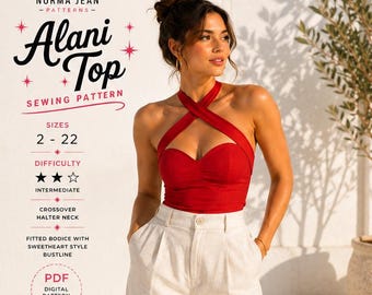 May include: A digital sewing pattern for the Alani Top by Norma Jean Patterns, featuring a red fitted bodice with a sweetheart neckline and crossover halter straps. The PDF pattern includes sizes 2-22 and is rated at an intermediate difficulty level.