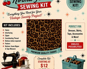 May include: A Norma Jean sewing kit advertisement featuring a central square of leopard print fabric. The graphic includes text, a black sewing machine, a teal metal sewing box with spools, a red pincushion, a tape measure, and red zippers.