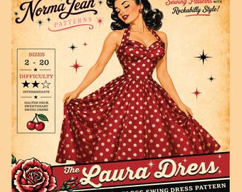 May include: A sewing pattern envelope for The Laura Dress by Norma Jean Patterns. The cover features an illustration of a person in a red polka dot halter neck swing dress with a sweetheart neckline. Text includes sizes 2-20 and difficulty level.