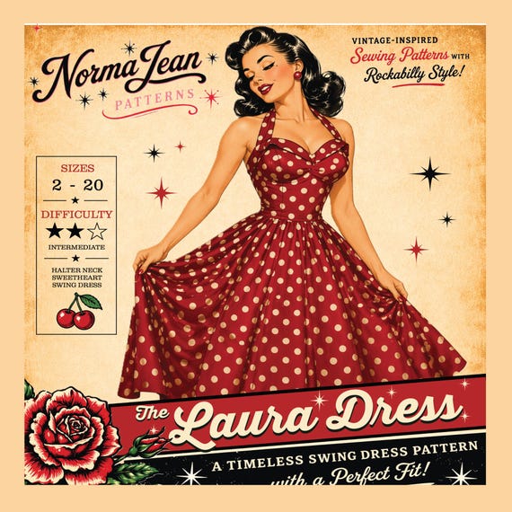 Laura Dress Pattern PDF | Rockabilly Swing Dress Pattern | Vintage Halter Dress PDF | 1950s Sewing Pattern | Digital Download