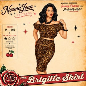Brigitte Skirt Pattern PDF featuring a vintage rockabilly pencil skirt design