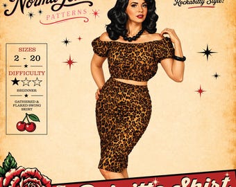May include: A sewing pattern for a two-piece outfit featuring a leopard print off-the-shoulder crop top and a matching skirt. The text reads Norma Jean Patterns, Vintage-Inspired Sewing Patterns with Rockabilly Style, Sizes 2-20, Beginner, and The Brigitte Skirt.