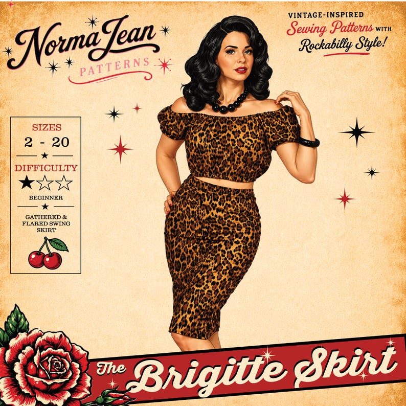 Brigitte Skirt Pattern PDF featuring a vintage rockabilly pencil skirt design
