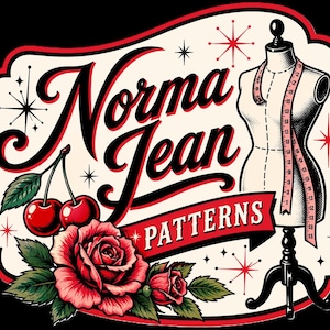 May include: A graphic illustration featuring the text Norma Jean PATTERNS in black and red script and block lettering. The design includes a dress form mannequin with a measuring tape, two red cherries, and a large red rose with green leaves.