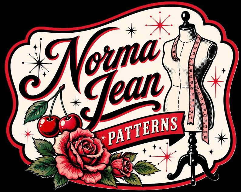 May include: A graphic illustration featuring the text Norma Jean PATTERNS in black and red script and block lettering. The design includes a dress form mannequin with a measuring tape, two red cherries, and a large red rose with green leaves.