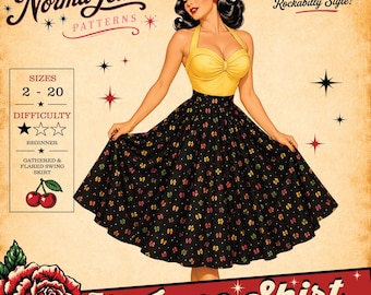 May include: A sewing pattern illustration titled The Jane Skirt by Norma Jean Patterns. It features a woman in a yellow halter top and a black flared swing skirt with a colorful bow print. Includes size range 2-20 and beginner difficulty.