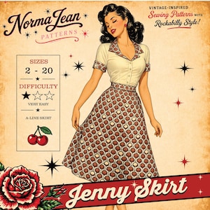 May include: A sewing pattern illustration titled Norma Jean Patterns Jenny Skirt featuring a person wearing a cream-colored collared shirt and a brown A-line skirt with a repeating circular pattern, accented by red cherry and rose graphics.