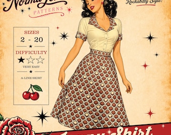 May include: A sewing pattern illustration titled Norma Jean Patterns Jenny Skirt featuring a person wearing a cream-colored collared shirt and a brown A-line skirt with a repeating circular pattern, accented by red cherry and rose graphics.