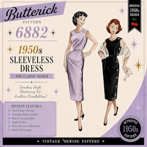 Könnte beinhalten: Butterick Schnittmuster 6882 für ein ärmelloses Kleid aus den 1950er Jahren. Die Abbildung zeigt zwei Figuren in dem wadenlangen Kleid mit Schulterknöpfen, Taillengürtel und Eingrifftaschen. Ein Kleid ist helllila, das andere ist schwarz.