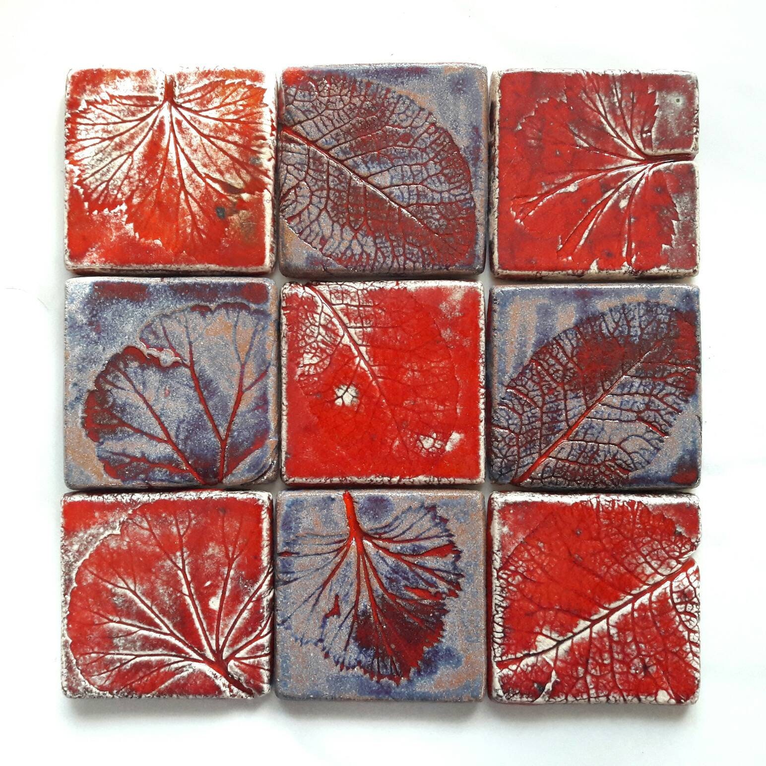 Handmade Ceramic Tiles / Set of 9 / Plant Pattern / Cozy Home Etsy