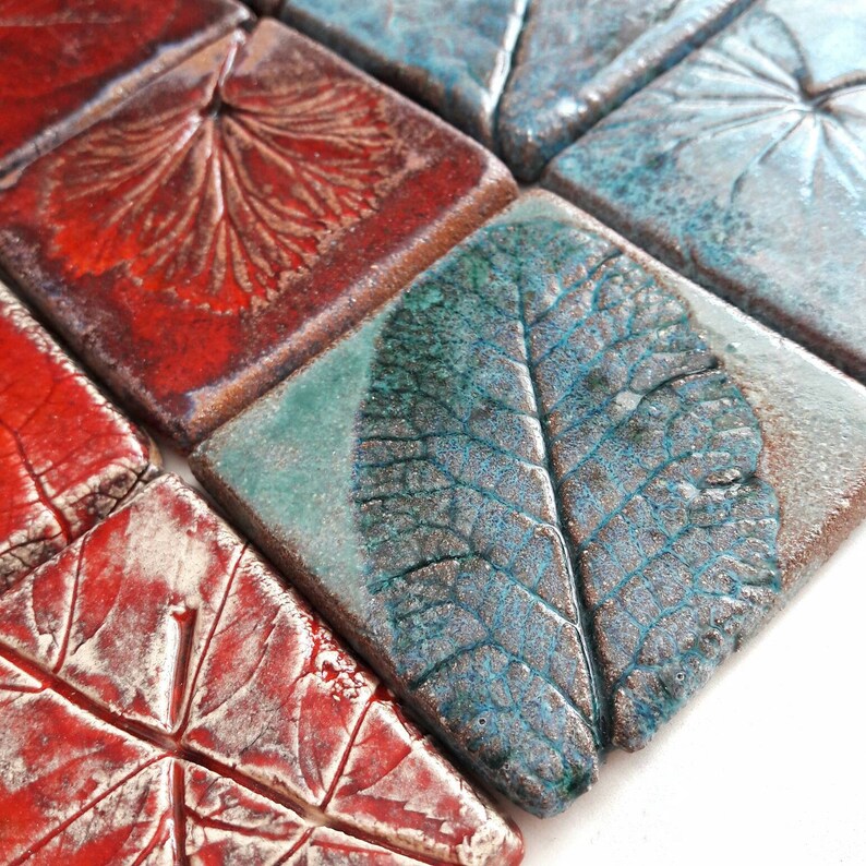 Handmade Ceramic Tiles / Set of 9 / Plant Pattern / Cozy Home Etsy