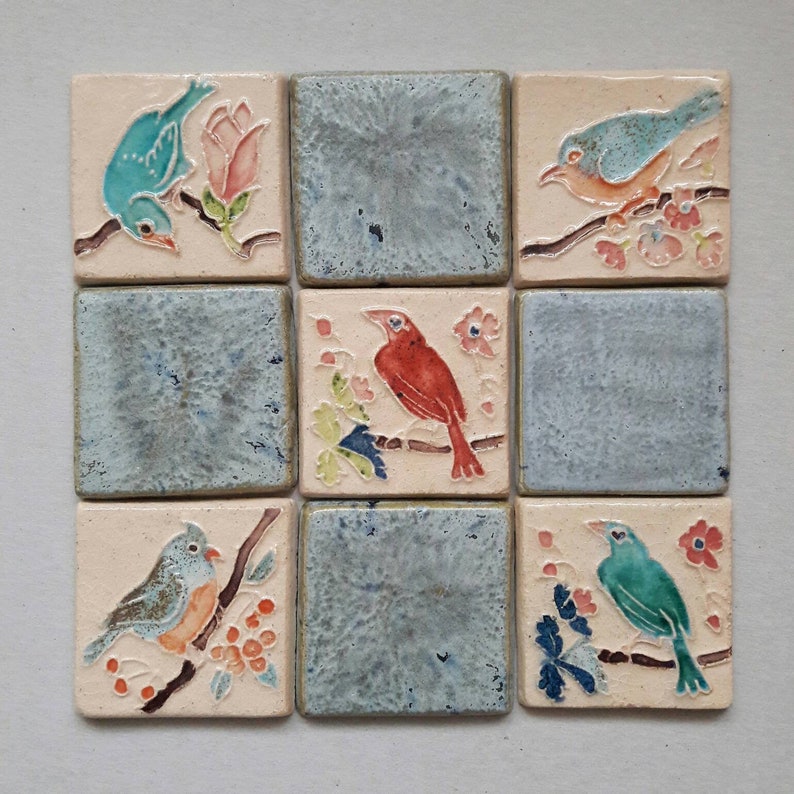 Handmade Ceramic Tiles / Set of 9 backsplash tiles / Bird Etsy