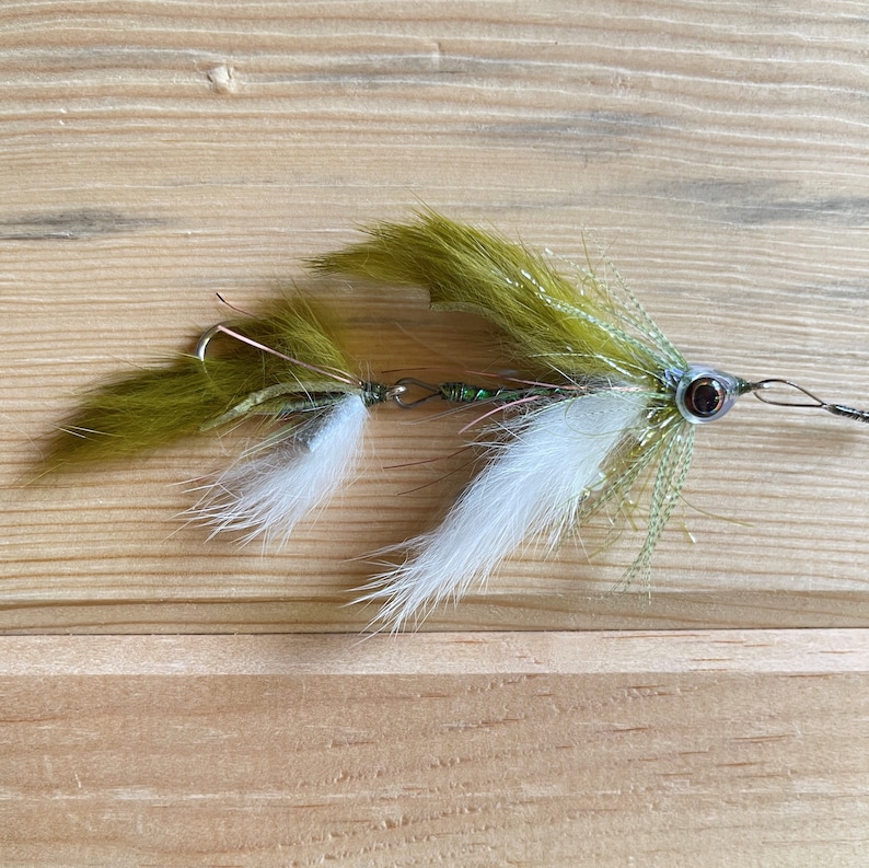 May include: A green and white fly fishing lure with a brown hook and a green and silver body.