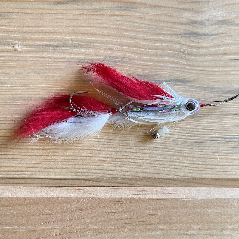 May include: A red and white fly fishing lure with a holographic finish and a bead chain. The lure has a single hook and a black eye.