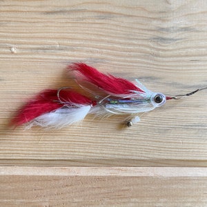 May include: A red and white fly fishing lure with a silver hook and a clear bead. The lure has a red and white feather tail and a silver body.