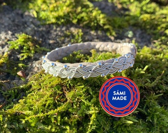 Sami bracelet in reindeer leather (warm light grey) reindeer horn,pewter & silver beads Sami made Armbinde Brassard Nordic Jewelry Gift