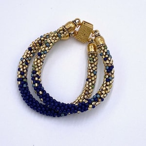 Oasis Kumihimo Beaded Bracelet, Royal Blue and Gold, 2 strains, 7&quot;