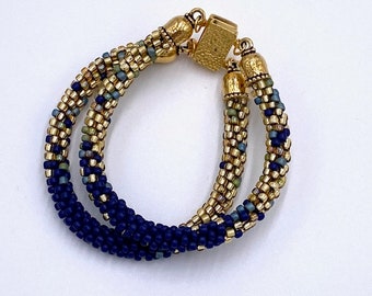 Oasis Kumihimo Beaded Bracelet, Royal Blue and Gold, 2 strains, 7"