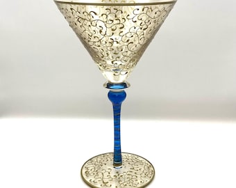 Sets of 2,4 or 6 Blown Glass Martini/Cocktail Glasses, Raised Enamel Painted Scrolls, Crafted Romania