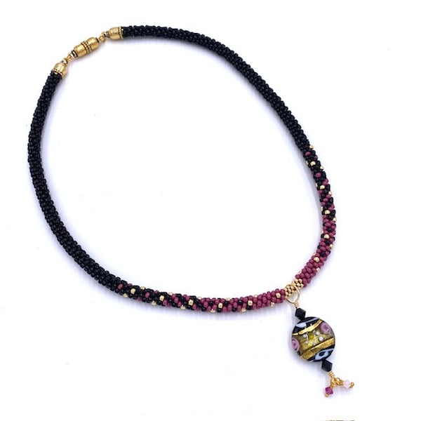 Dreaming of Venice, Gold Wrapped Murano Glass Pendant, 22", Kumihimo Beaded Necklace. Plum, Gold, Black