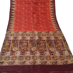 Sari rouge vintage Sushila 100 % pure soie imprimé sari tissu artisanal doux de 5 mètres pour porter ou fabriquer