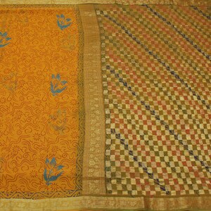 Sushila Vintage Mustard Saree 100% Pure Georgette Silk Printed Woven Craft Fabric Sari for Wearing or Crafting Purpose