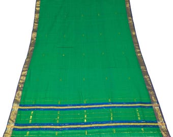 Sushila Vintage Green Saree with Purple Zari Border Pure Cotton 8 Yard Sari Fabric For Wearing or Crafting Purpose