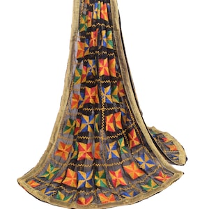 Sushila Vintage Black Chiffon Silk Dupatta Phulkari Embroidered Long Stole Wrap for Wearing or Crafting Purpose